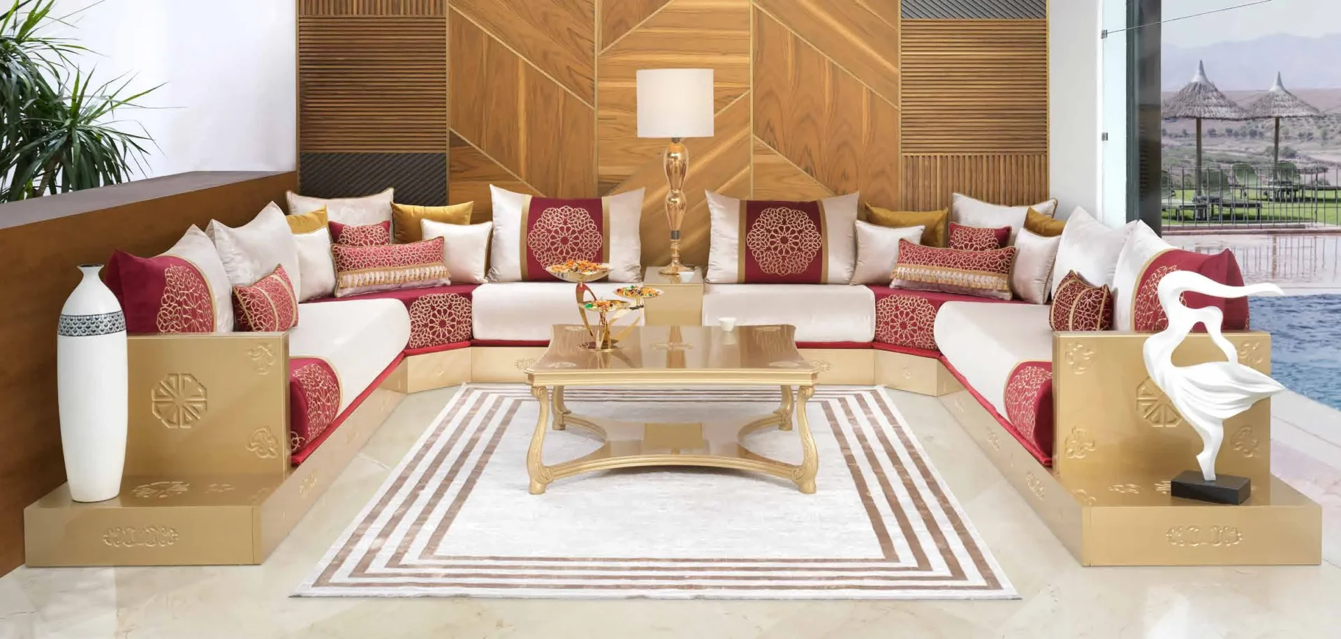 salon marocain or telmit rouge et blanc